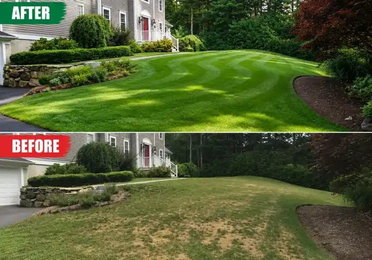 Before and after comparison of a Lafayette lawn treated for brown patch and overgrowth